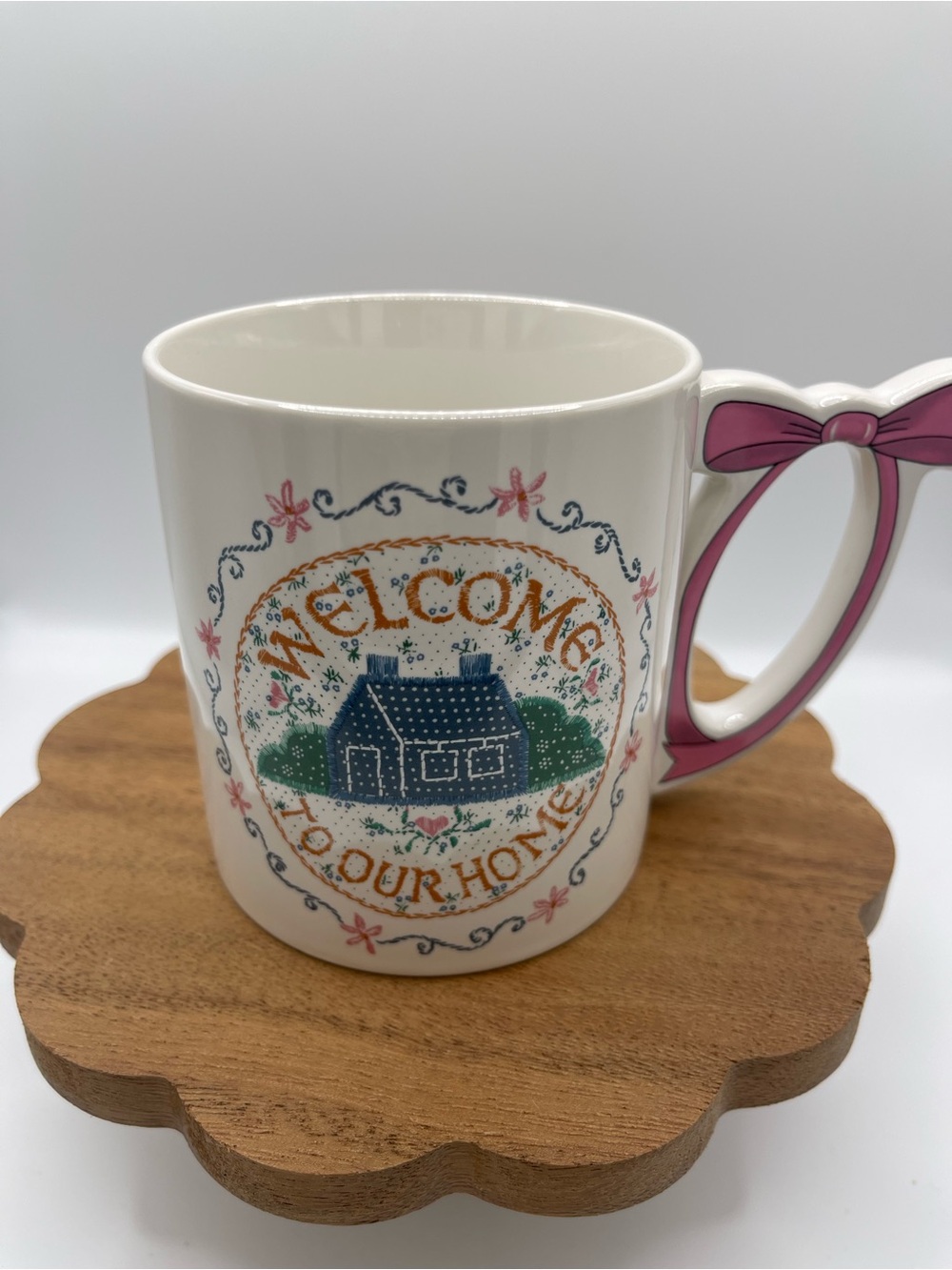 Welcome Home Ceramic Mug with Pink Bow Handle, Granny decor